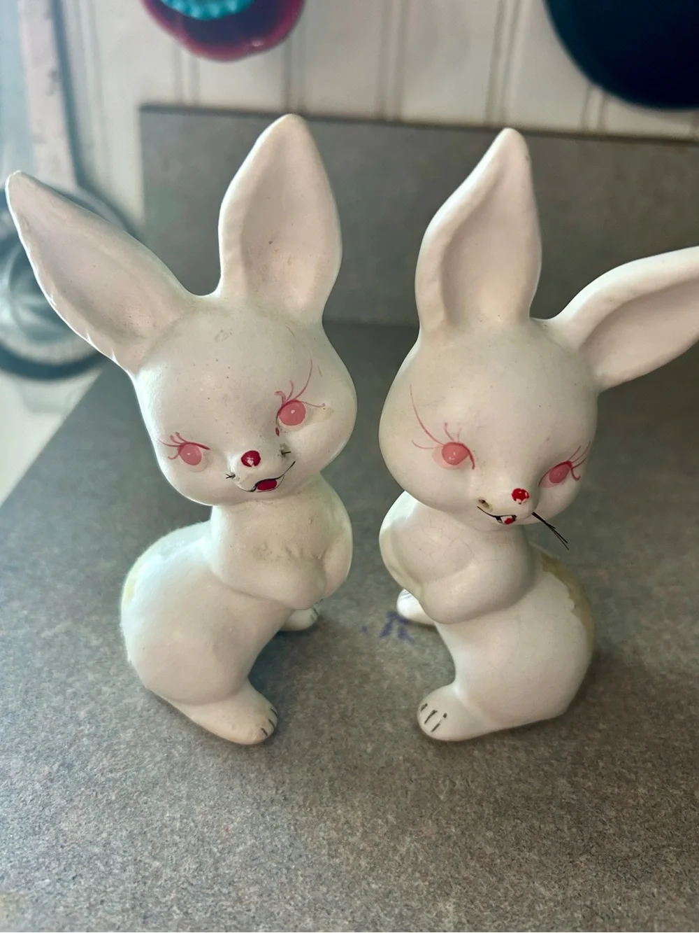 Pair of White bunnies arthroscopic style Figurines with Pink Accents -
